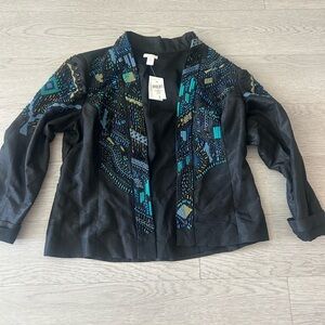 Chico’s Artisan Beaded Embellished Jacket Embroidered Open Front Women Size 2/M